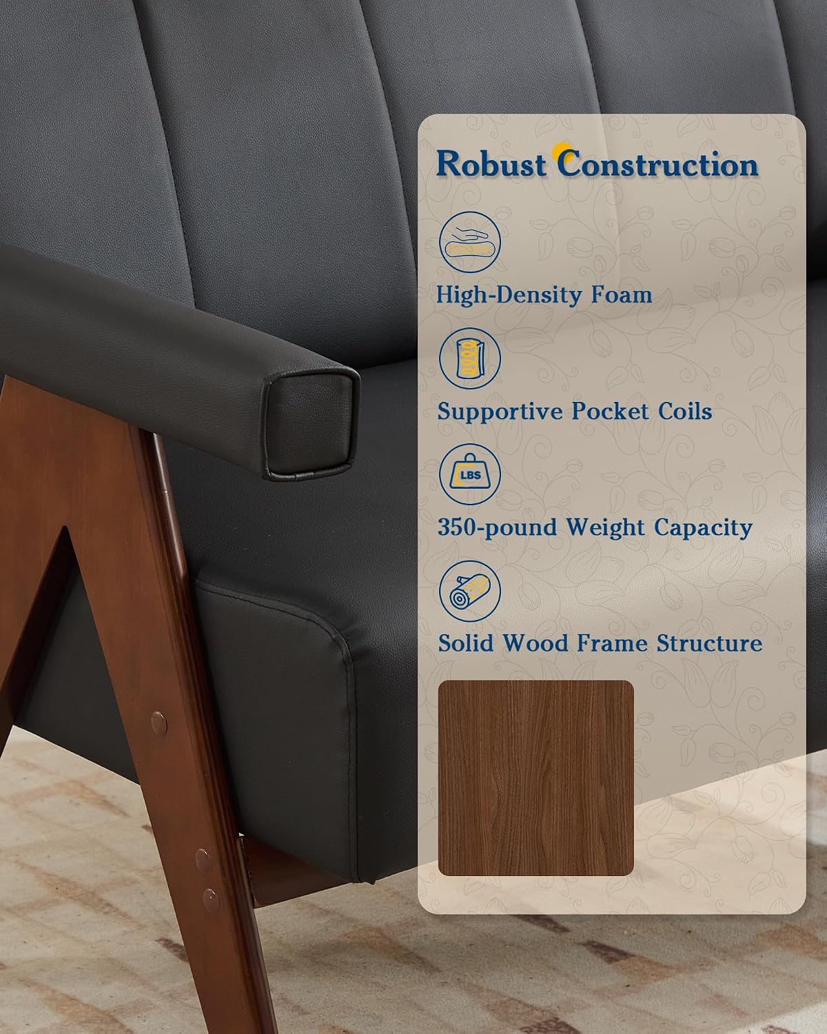 Mid Century Modern Black Faux Leather Accent Chair Set 2 Solid Wood Frame