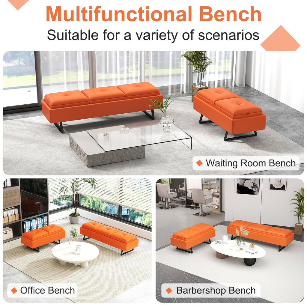 MOTION Leather Bench Waiting Room Chairs - 3 Seat Office Guest Reception Bench with Cushion, Waiting Room Bench Seating, Office Furniture Lobby Chairs for Salon, Shop, Set of 2, Orange