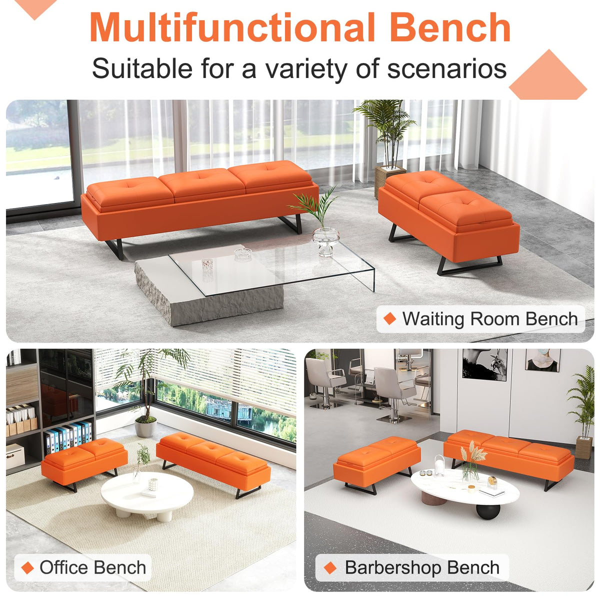 MOTION Leather Bench Waiting Room Chairs - 3 Seat Office Guest Reception Bench with Cushion, Waiting Room Bench Seating, Office Furniture Lobby Chairs for Salon, Shop, Set of 2, Orange