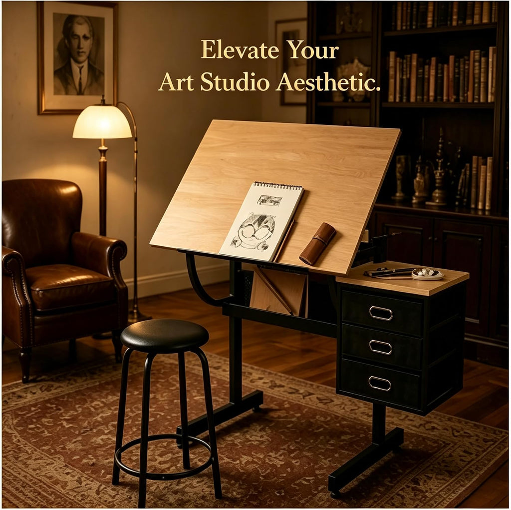 0â75Â° Tilting Drawing Desk, Adjustable Drafting Table with 3 Fabric Storage Drawers,Art Desk with Maple Wood Top & Heavy-Duty Steel Frame for Painting, Sketching, Drafting & Home Office