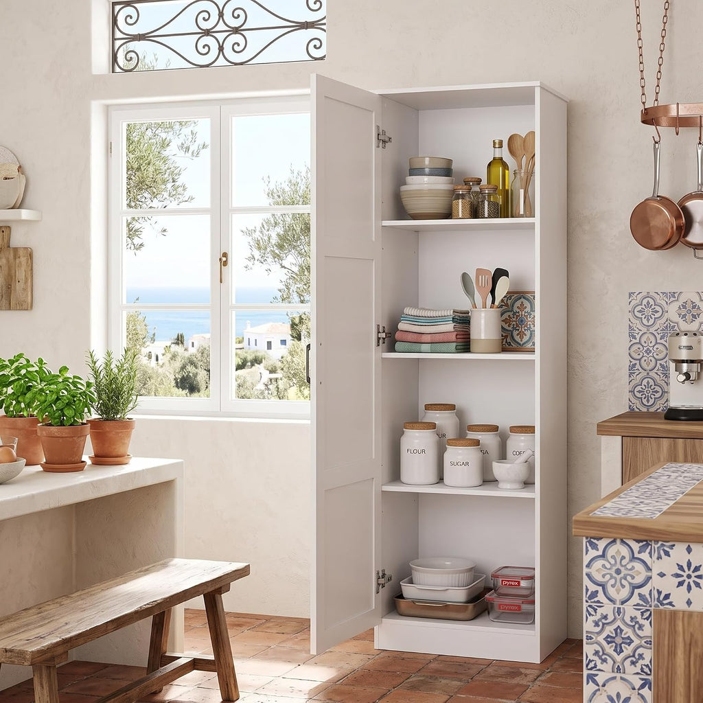 Merax 60" Tall Cabinet with Adjustable Shelves, Farmhouse Storage Cabinet Kitchen Pantry with Door for Living Room, Hallyway, Office or Bathroom, White