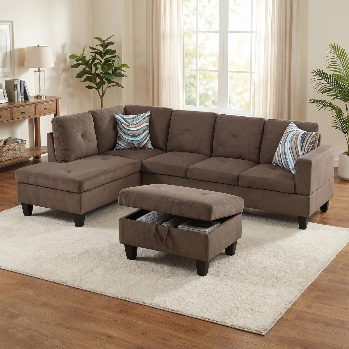 97.5" L-Shaped Modular Sectional Sofa with Movable Chaise & Storage Ottoman, 3 Piece Convertible Leather Couch, 4 Seat Gloss Black Living Room Furniture Set for Apartment Home Office