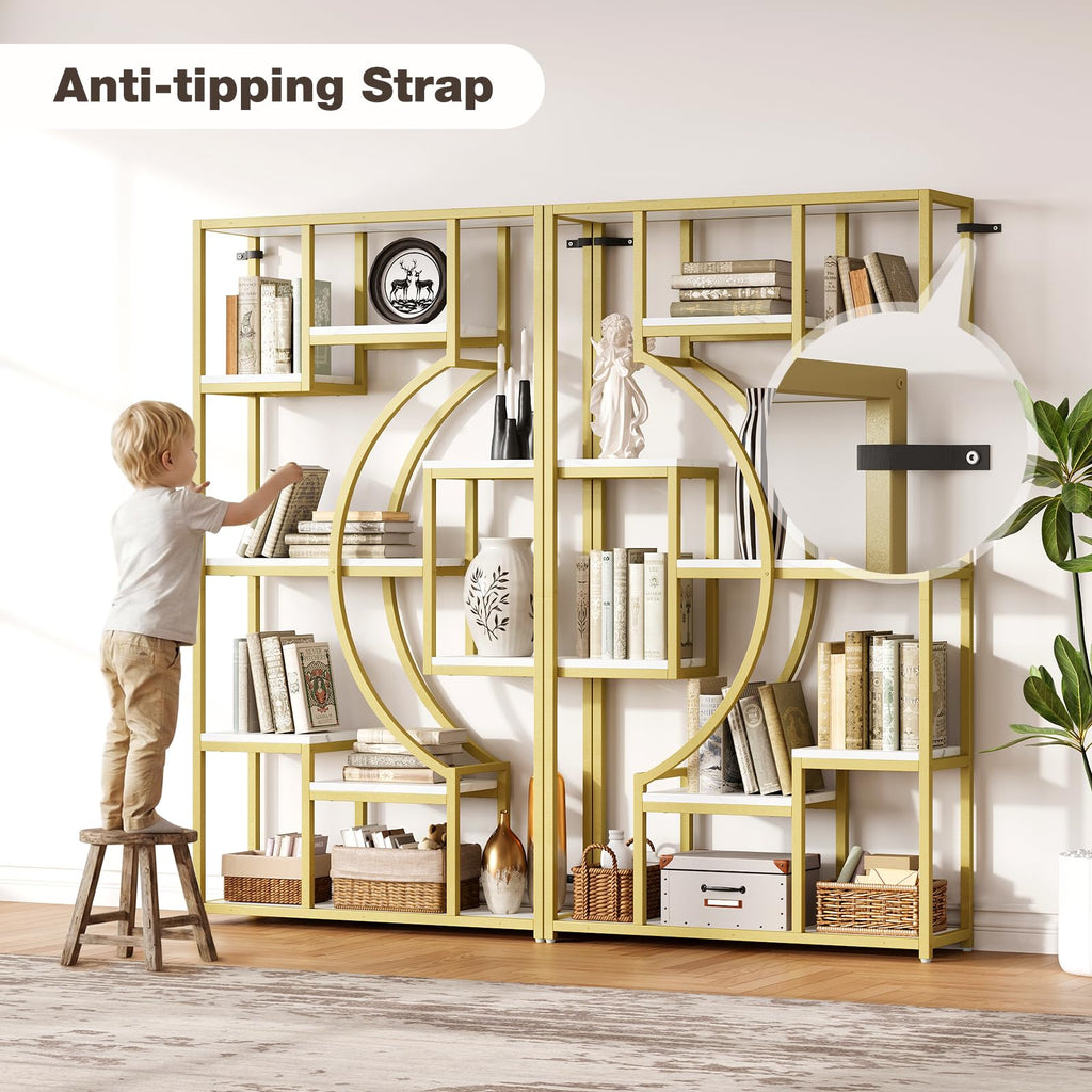 LGHM Industrial 5-Tier Bookshelf with Storage, 70.9 Inch Tall Large Display Bookcase - Modern Metal Standing Shelves for Living Room, Office and Bedroom, Set of 2, Greige