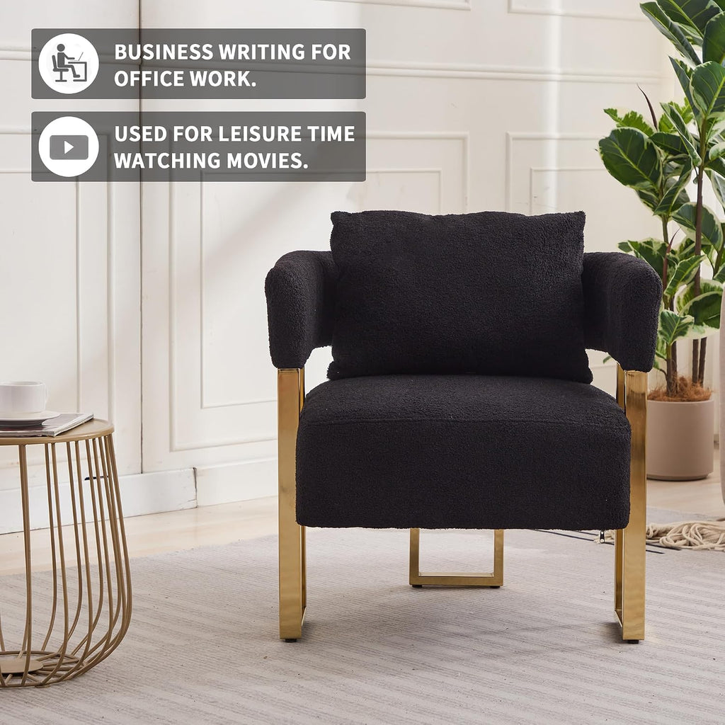 YISHENG Modern Barrel Accent Chairs Set of 2, Living Room Side Chairs with Golden Metal Legs Soft Upholstered Reading Armchairs no Wheels for Vanity/Reception Room//Bedroom/Lounge/Office,Black Teddy