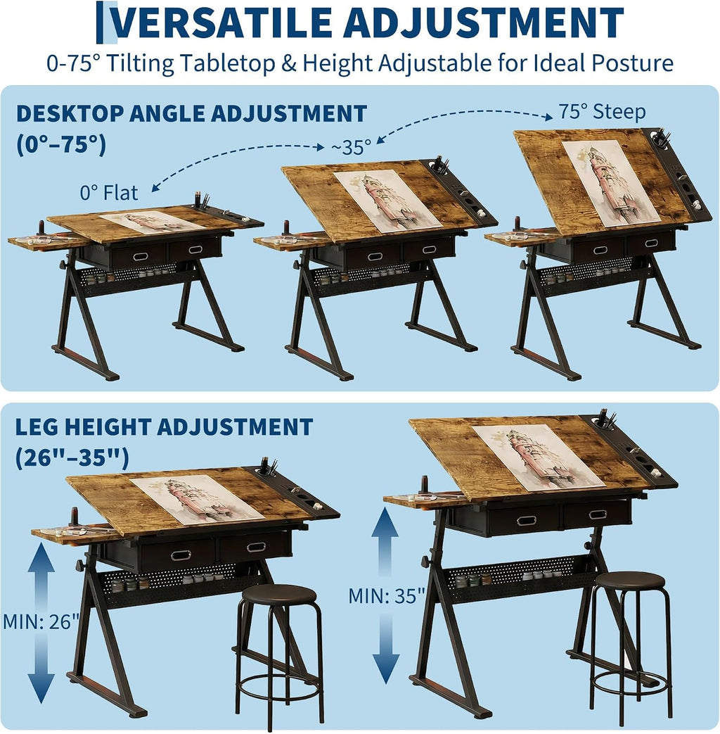 Garvee Height Adjustable Drafting Table, 0-75Â°Tilting Drawing Desk