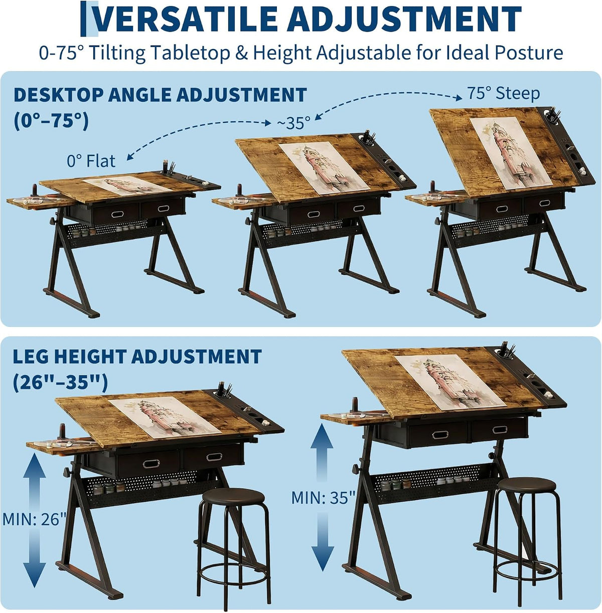 Garvee Height Adjustable Drafting Table, 0-75Â°Tilting Drawing Desk