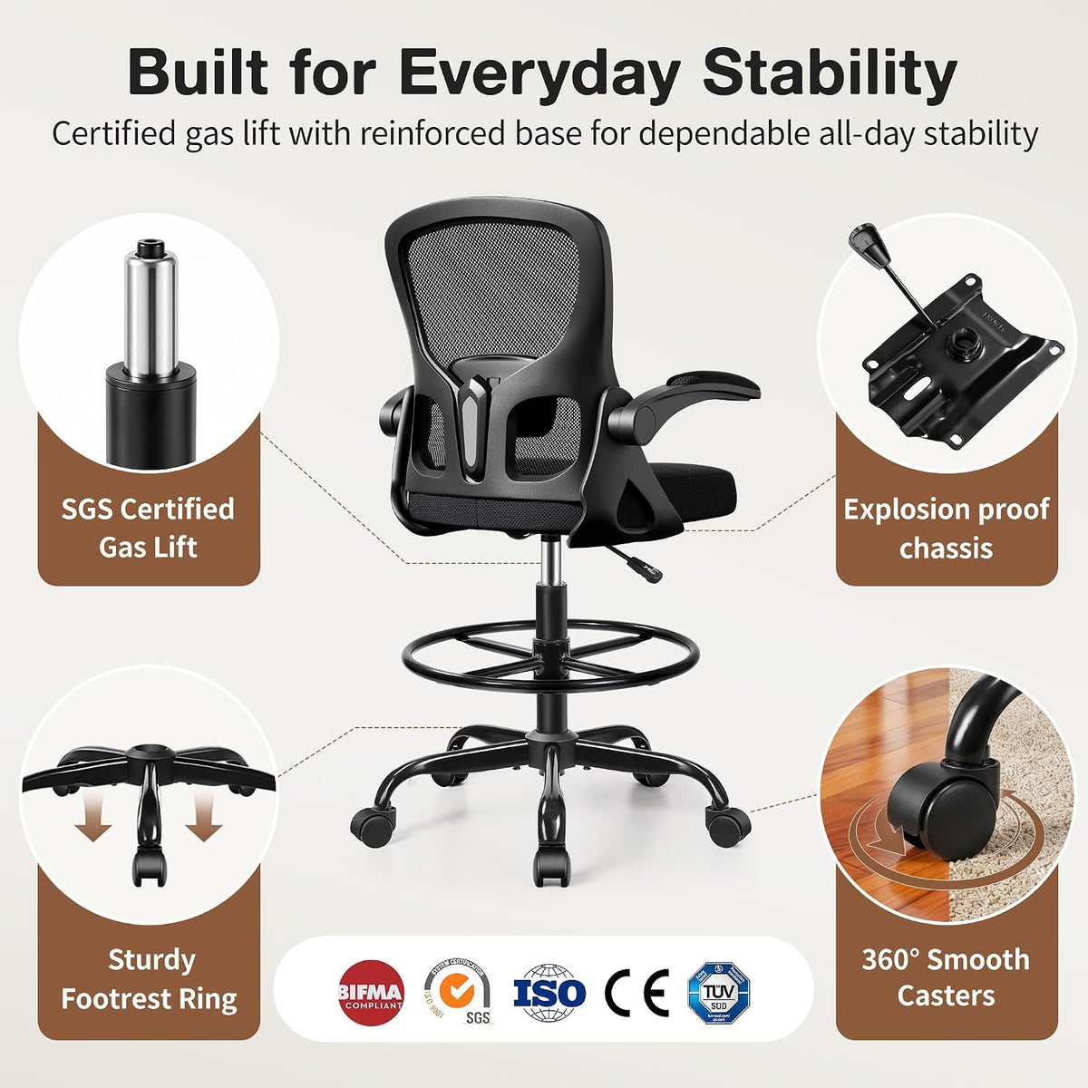 Drafting Chair, Tall Office Chair for Standing Desk with Flip-Up Armrests, Adjustable Foot Ring & Lumbar Support, Breathable Mesh High Desk Stool for Studio & Drafting Table, Black