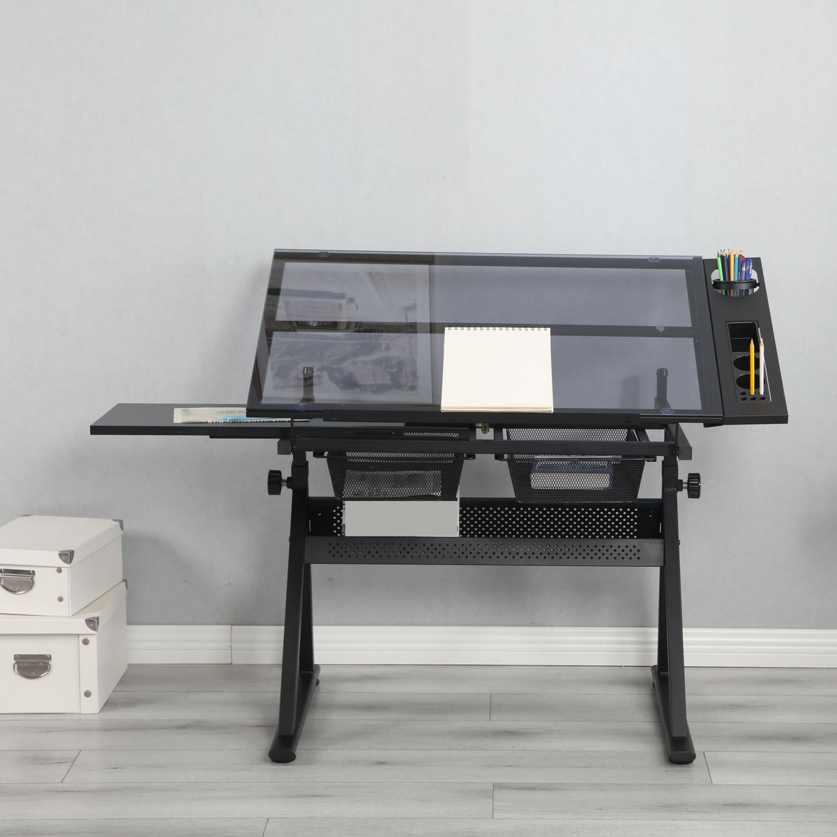 Adjustable Drafting Table with Stool, 0-75Â° Tilting Art Desk, White