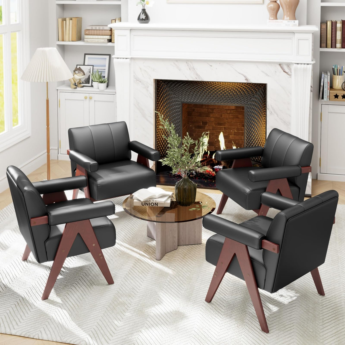 STHOUYN Faux Leather Accent Chairs Set of 2, Wooden Arm Chairs (Black)