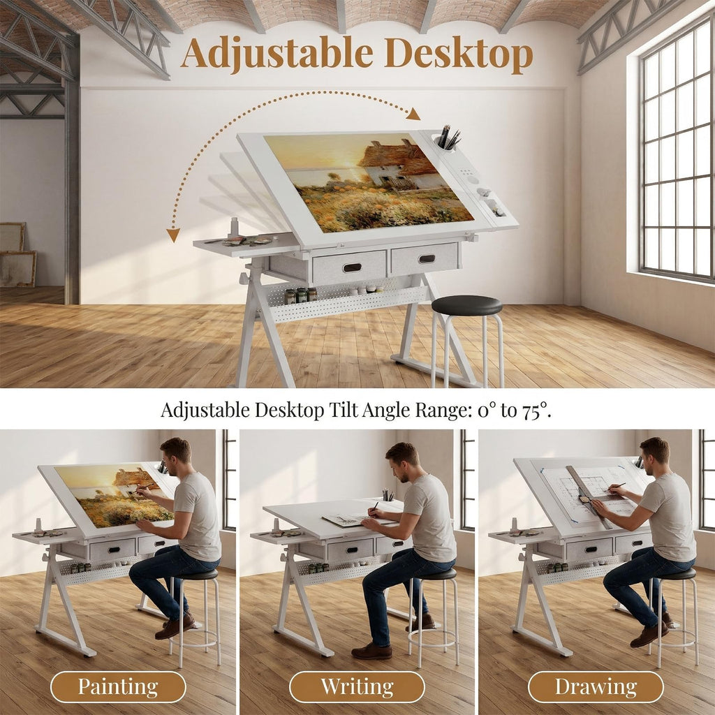 Drafting Table with Stool Height Adjustable Art Craft Desk with Storage, Tilting MDF Tabletop, Expansion Board, Drawing Table for Home Office, Artists, Painters (Rustic Brown)