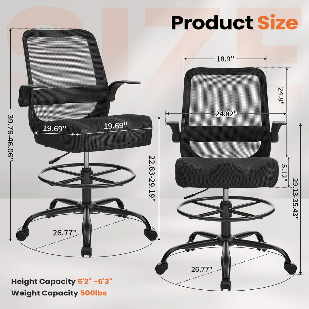 Drafting Chair Tall Office Chair for Standing Desk, Ergonomic Tall Desk Chair with Adjustable Foot Ring, Flip-Up Armrests, Lumbar Support, Swivel Rolling Task Chair for Home Office