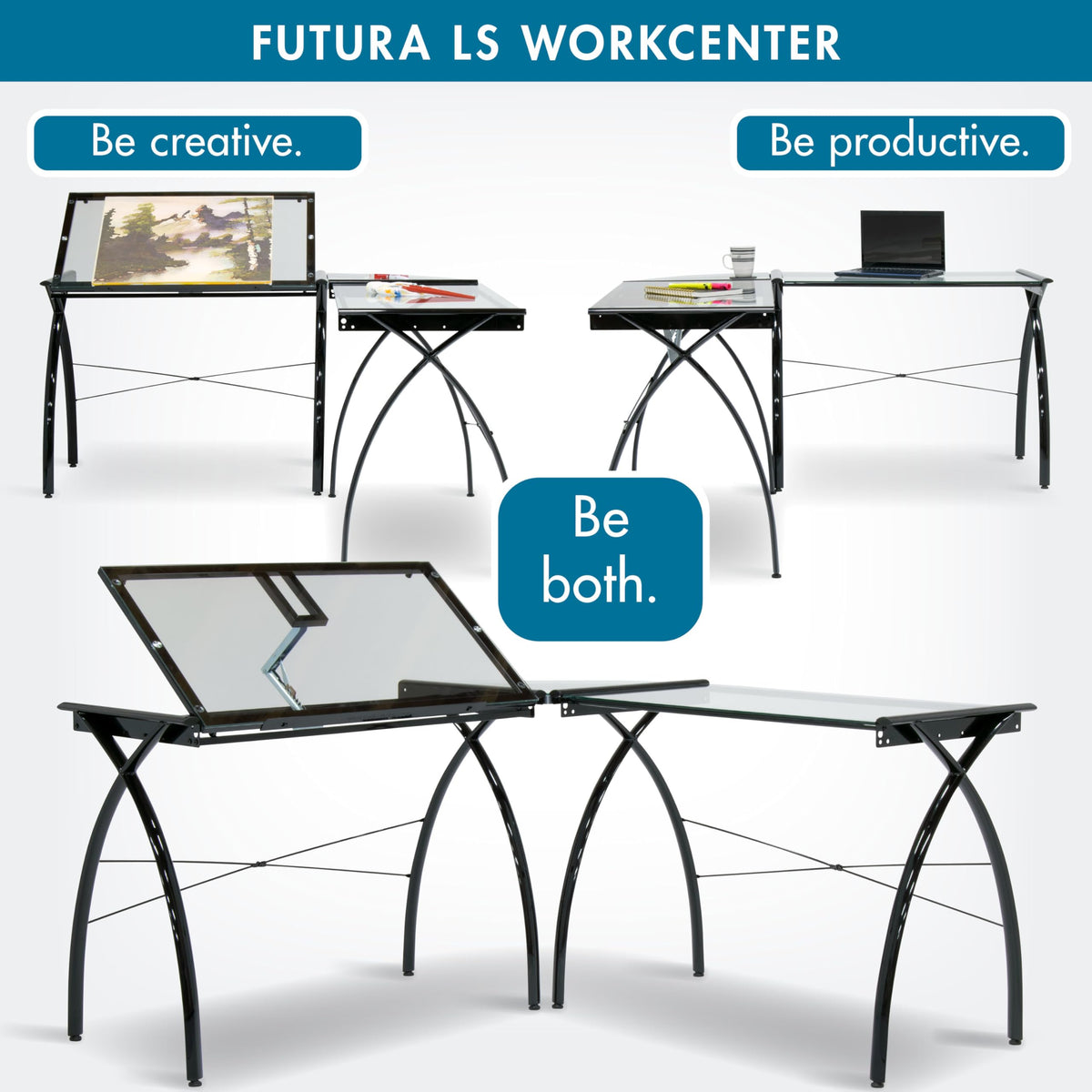 SD STUDIO DESIGNS Futura LS WorkCenter with Tilt Top Adjustable Drafting Table Craft Table Drawing Desk Hobby Table Writing Desk Studio Desk, Silver / Blue Glass