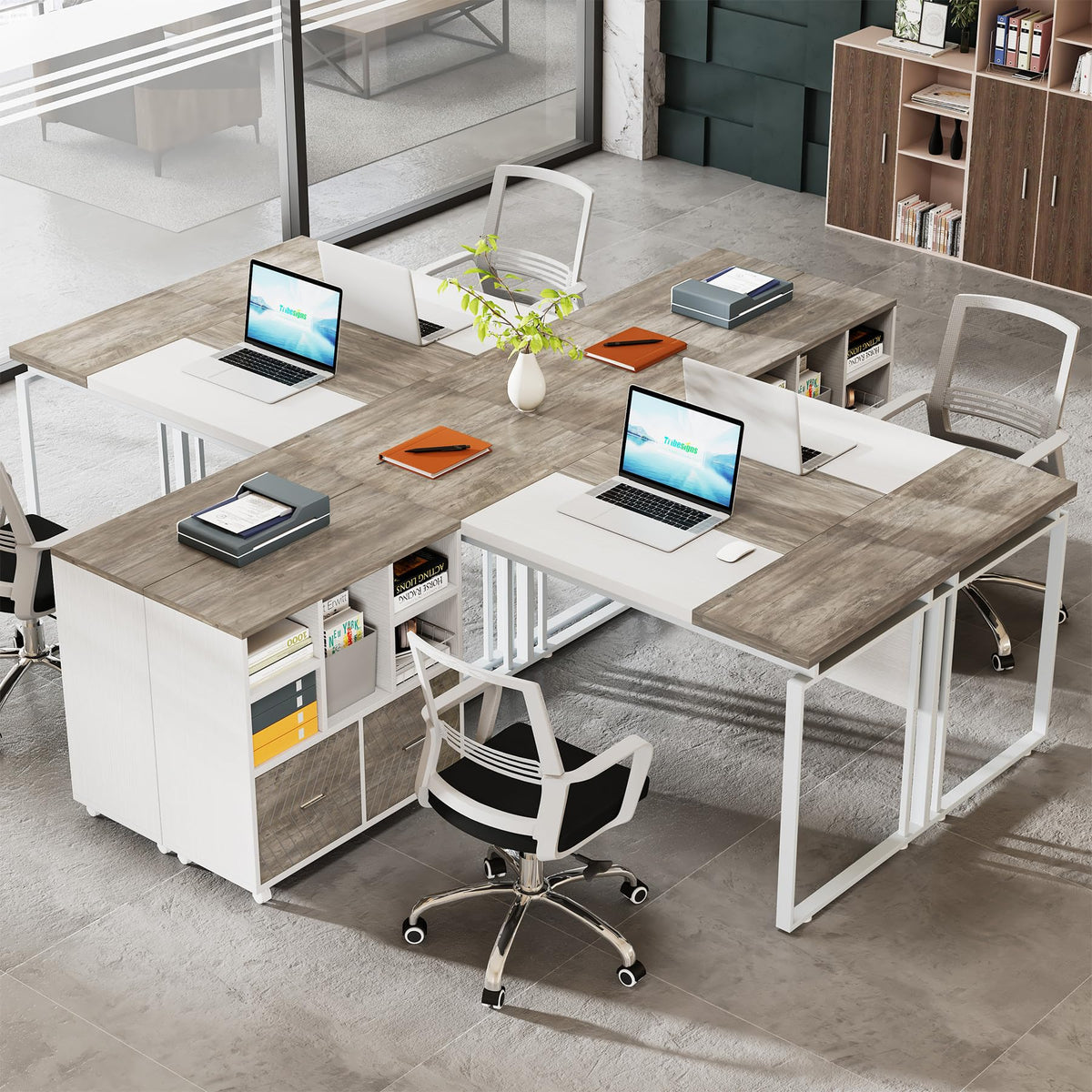 Tribesigns L-Shaped Executive Desk with Reversible File Cabinet, 63" Office Desk with Storage Drawers, Computer Desk Set (Oak Karo & White)