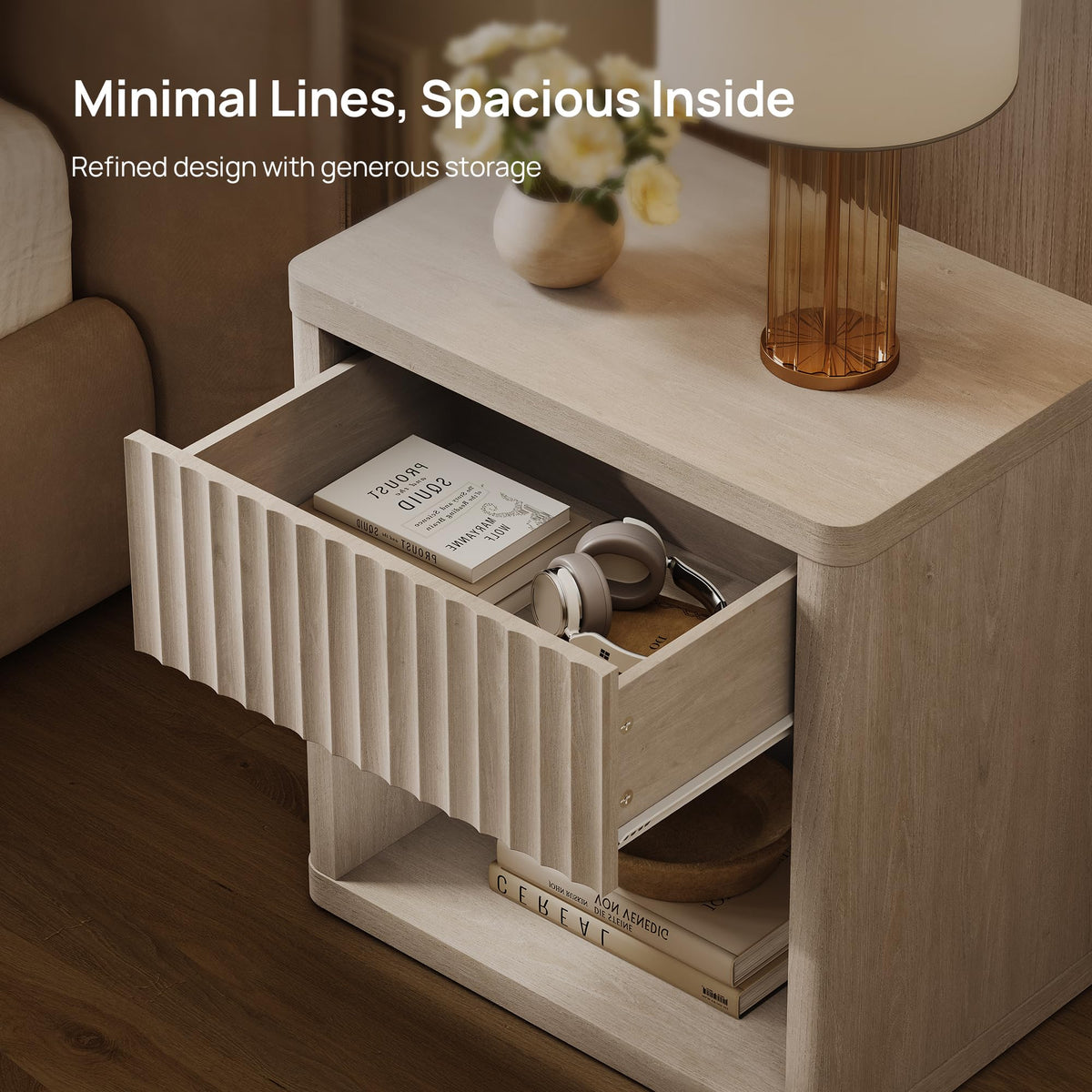 SICOTAS Night Stand Set of 2 Nightstands with Drawer Storage Fluted Bed Side Table End Table Large Modern Wide Bedside Stand Mid Century Night Stands for Bedroom Living Room Sofa Office, White Alder