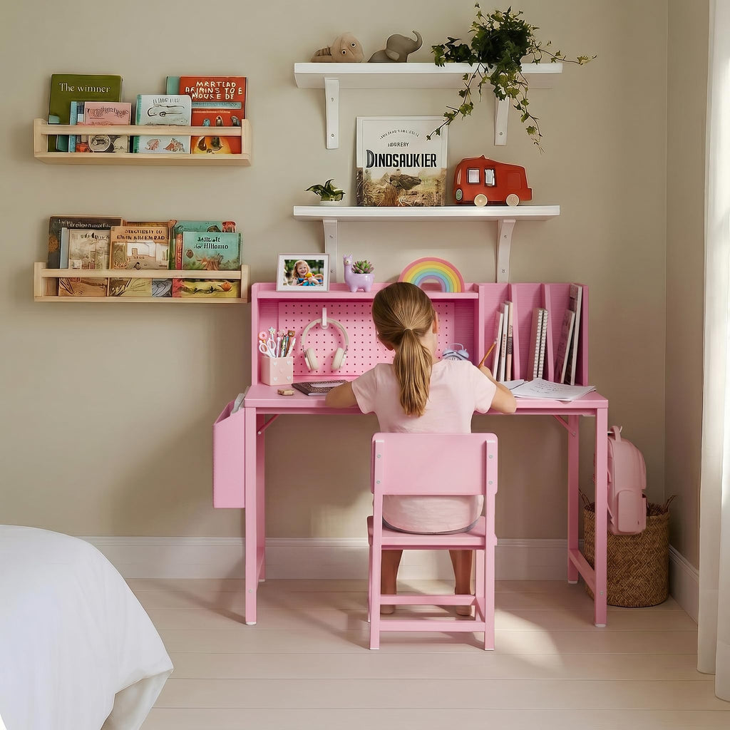 BOLUO Kids Desk and Chair Set for 6-12 Year Old, Children Study Desk with Hutch and Pegboard, Student Writing Table with Storage Shelf for Girls Boys