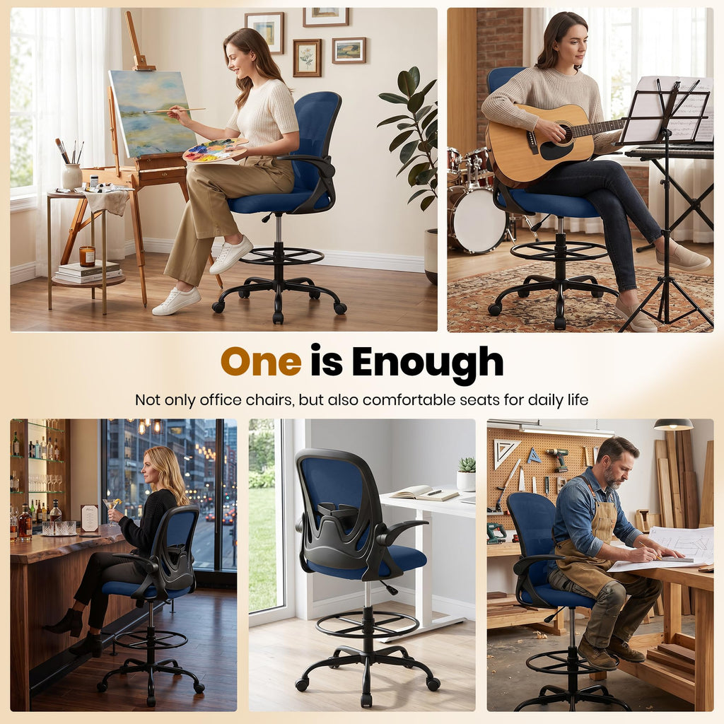 Drafting Chair Tall Office Chair with Flip-up Armrests, Adjustable Height, and Enhanced Lumbar Support - Ergonomic Rolling Stool, Back Support, and Adjustable Foot Rest Ring for Standing Desk White