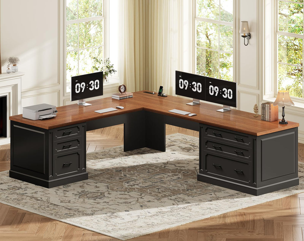 SEDETA Farmhouse 70.9" Executive Desk, Home Office Desk with File Drawers and Storage Cabinet, Computer Desk with Power Outlet for Home Office, Work Study Writing, Black+Brown