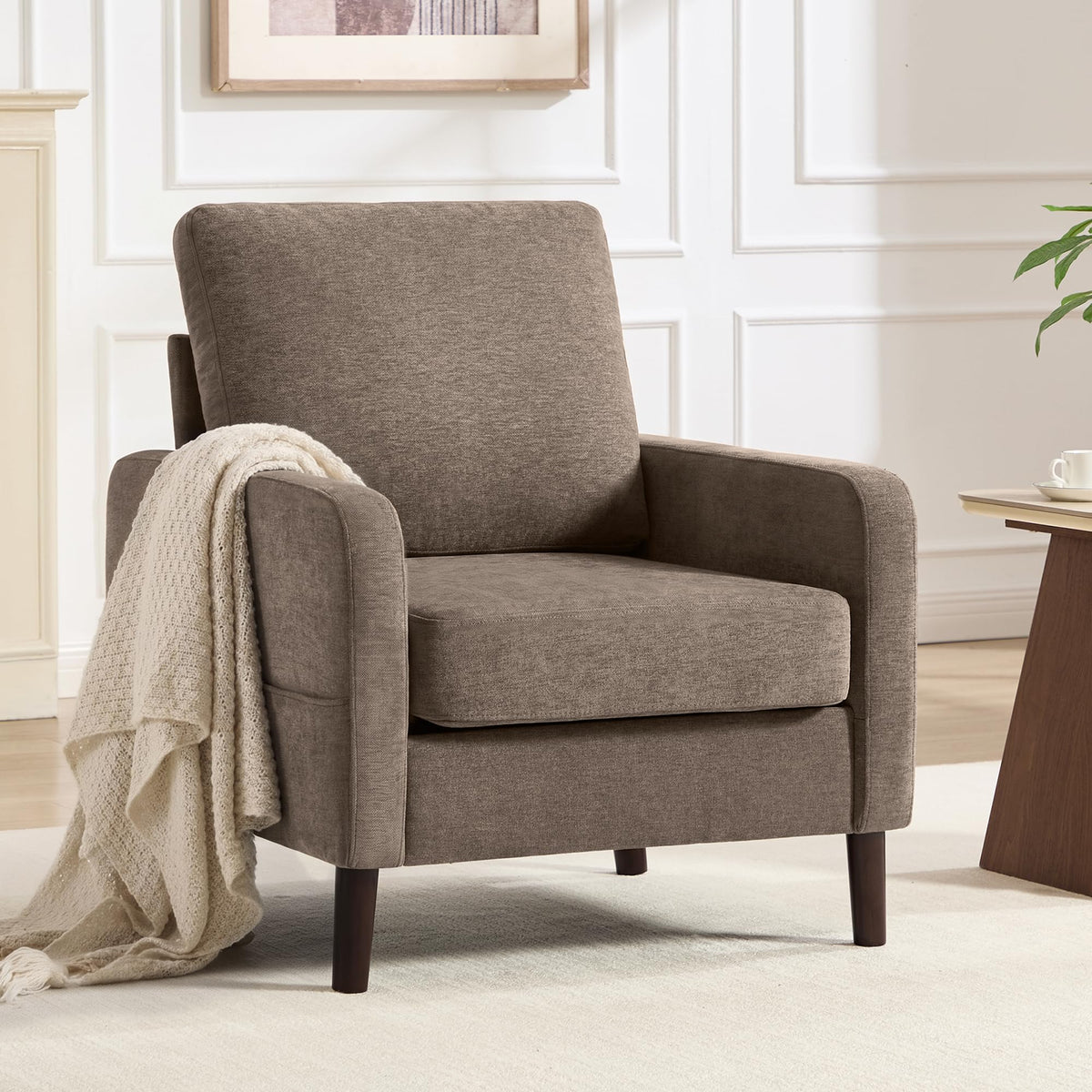 Accent Chair Set of 2, Upholstered Living Room Chairs with Wood Legs and Side Pockets, Modern Reading Chair for Bedroom, Armchair Single Sofa Side Chair for Office, Small Room, Dark Grey