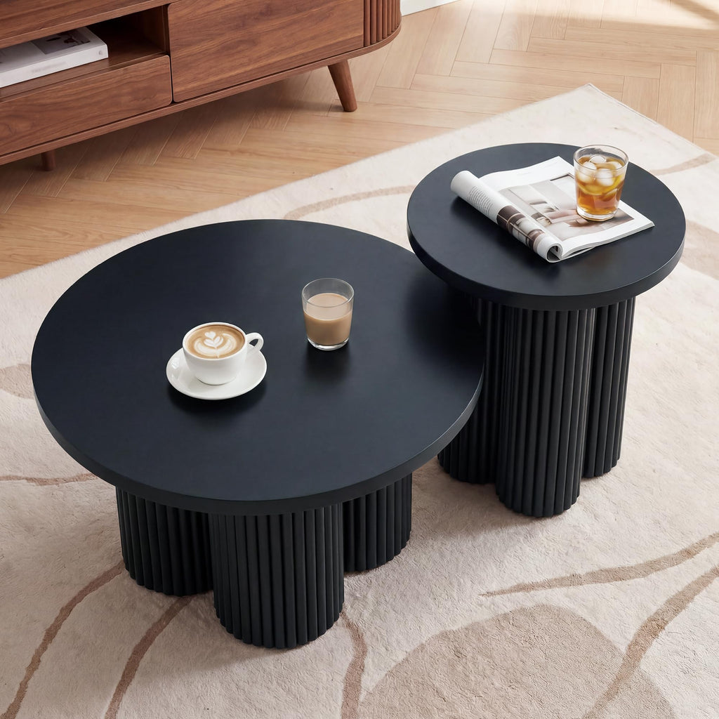 Round Nesting Coffee Table Set of 3 Fluted Coffee Table (Natural)