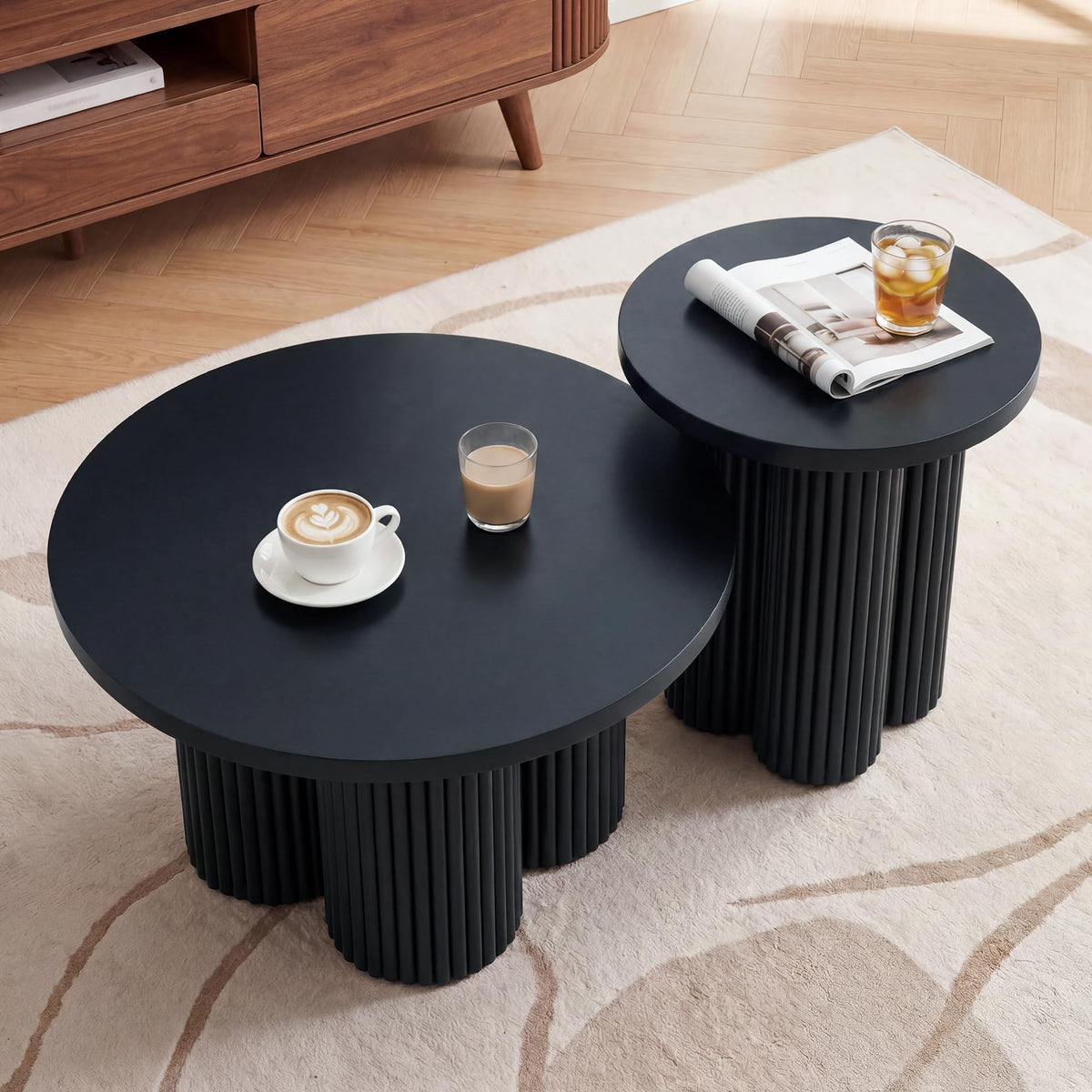Round Nesting Coffee Table Set of 3 Fluted Coffee Table (Natural)