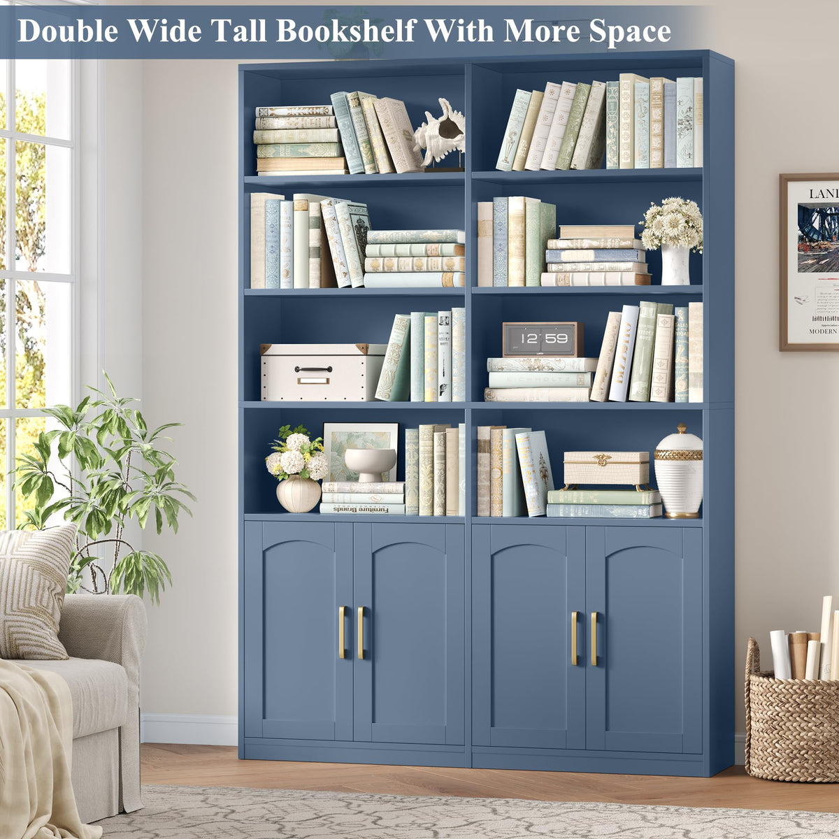 FACBOTALL Bookshelf and Bookcase with Doors, Double Wide Large Bookshelves