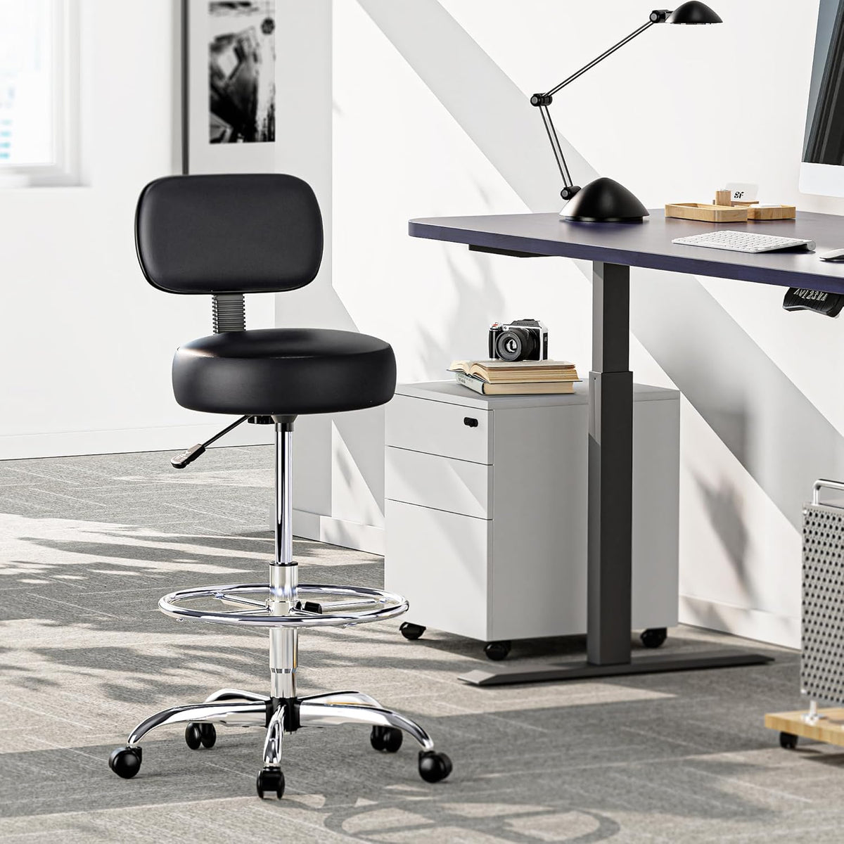 SUPERJARE Drafting Chair with Backrest, Adjustable Foot Rest Rolling Stool