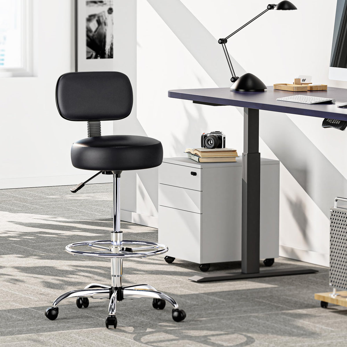 SUPERJARE Drafting Chair with Backrest, Adjustable Foot Rest Rolling Stool