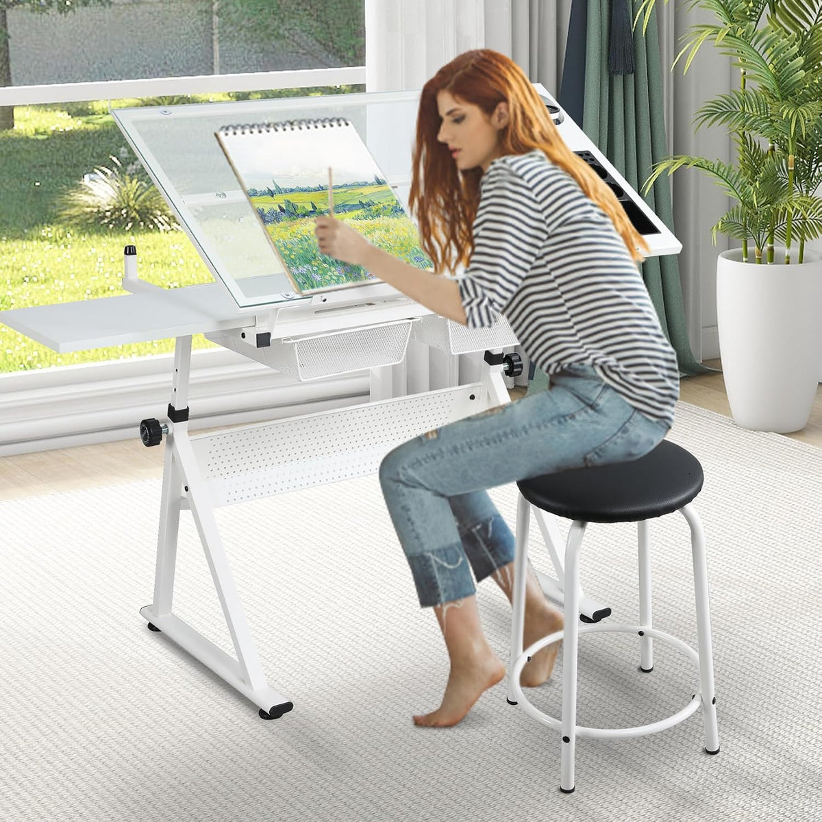 White Drafting Table with Stool Height Adjustable Art Craft Desk with Storage, Tilting Tempered Glass Tabletop, Expansion Board, Drawing Table for Home Office, Artists, Painters