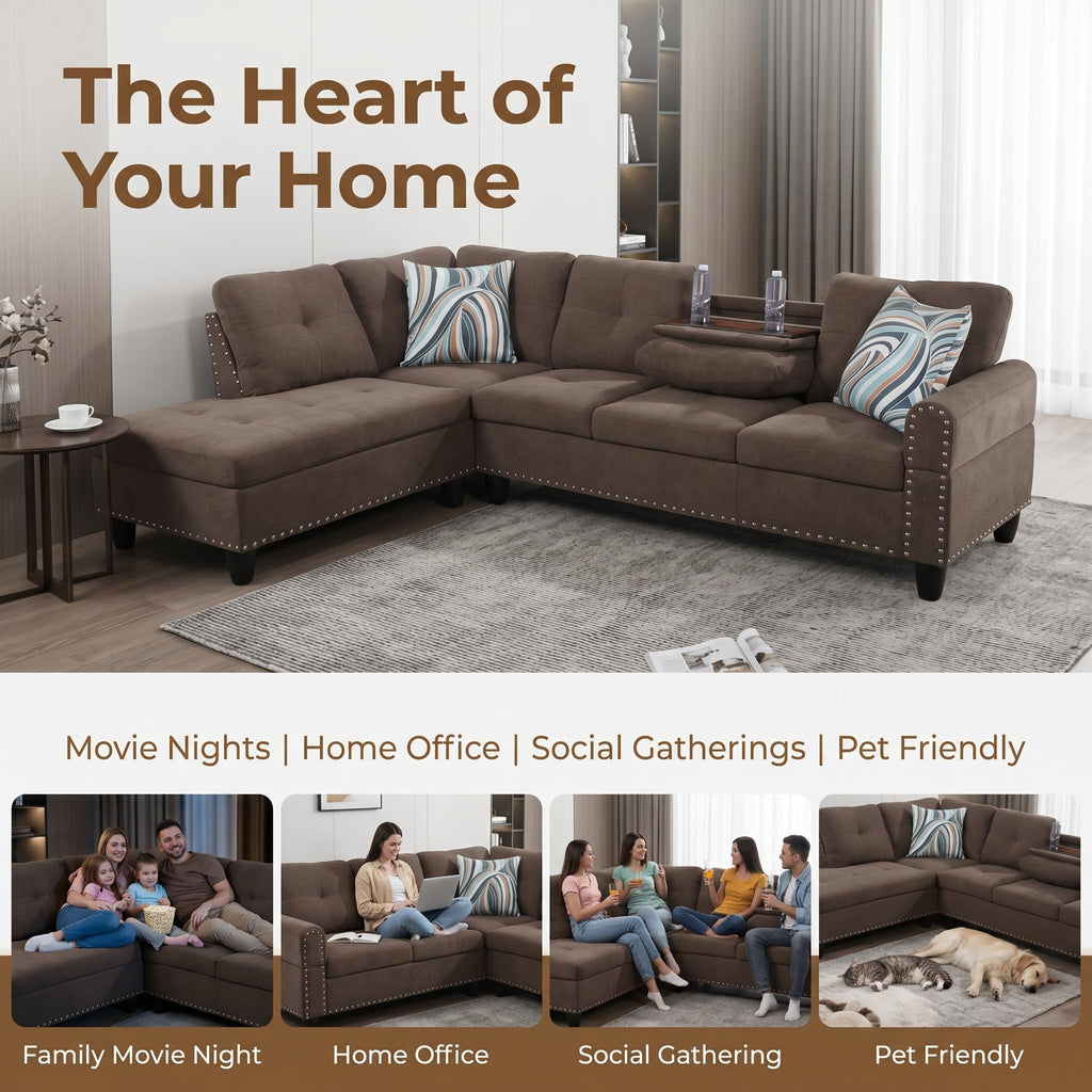 97.5" Leather L Shaped Couch with Left Chaise & Cup Holder, Sectional Sofas Modular Furniture Set with Storage Ottoman, Convertible Couches for Living Room, Office & Small Space (Black)