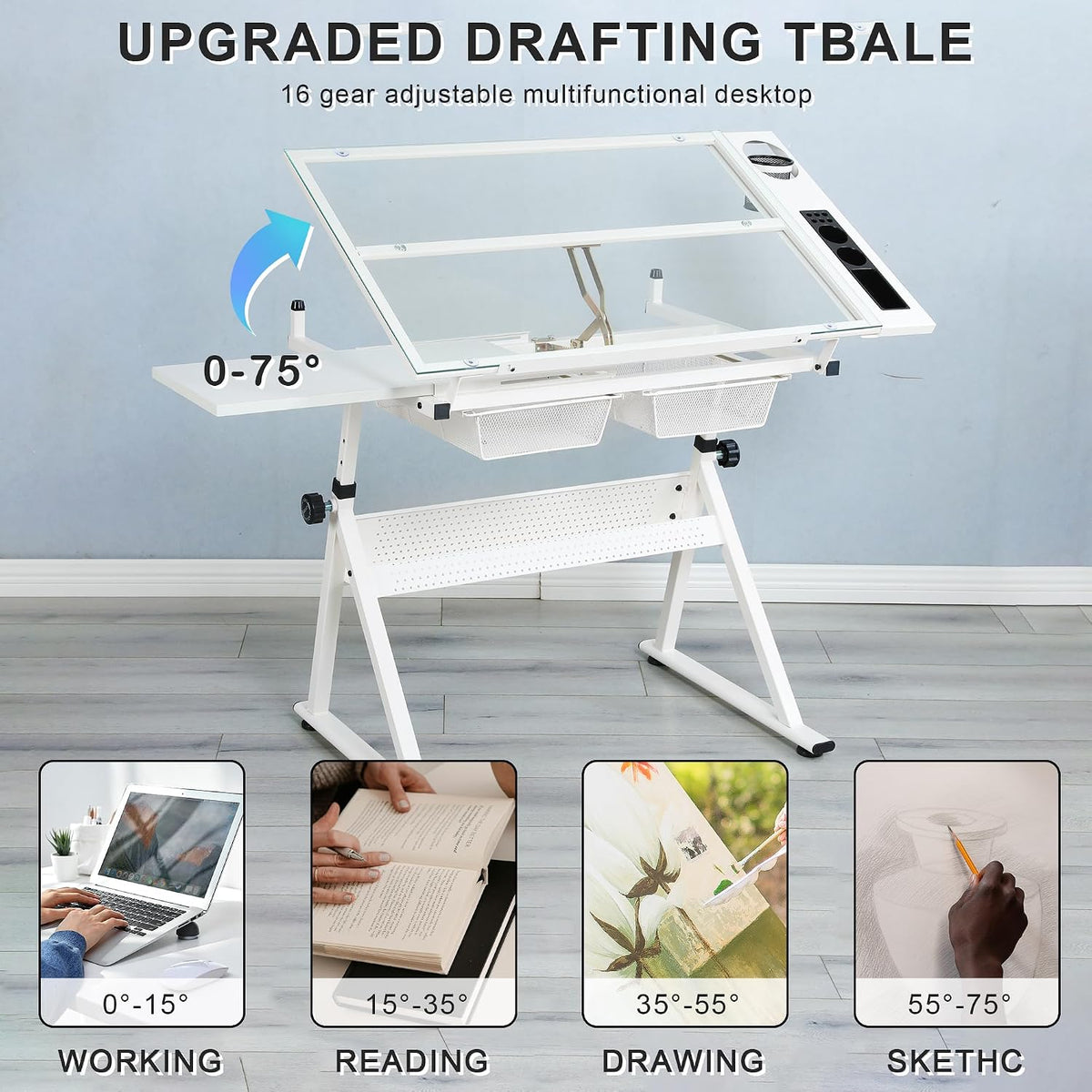 Drafting Table Adjustable for Artists - Art Drawing Desk with Storage for Painting Sketching - Glass Top for Painters Illustrators Cartoonists White