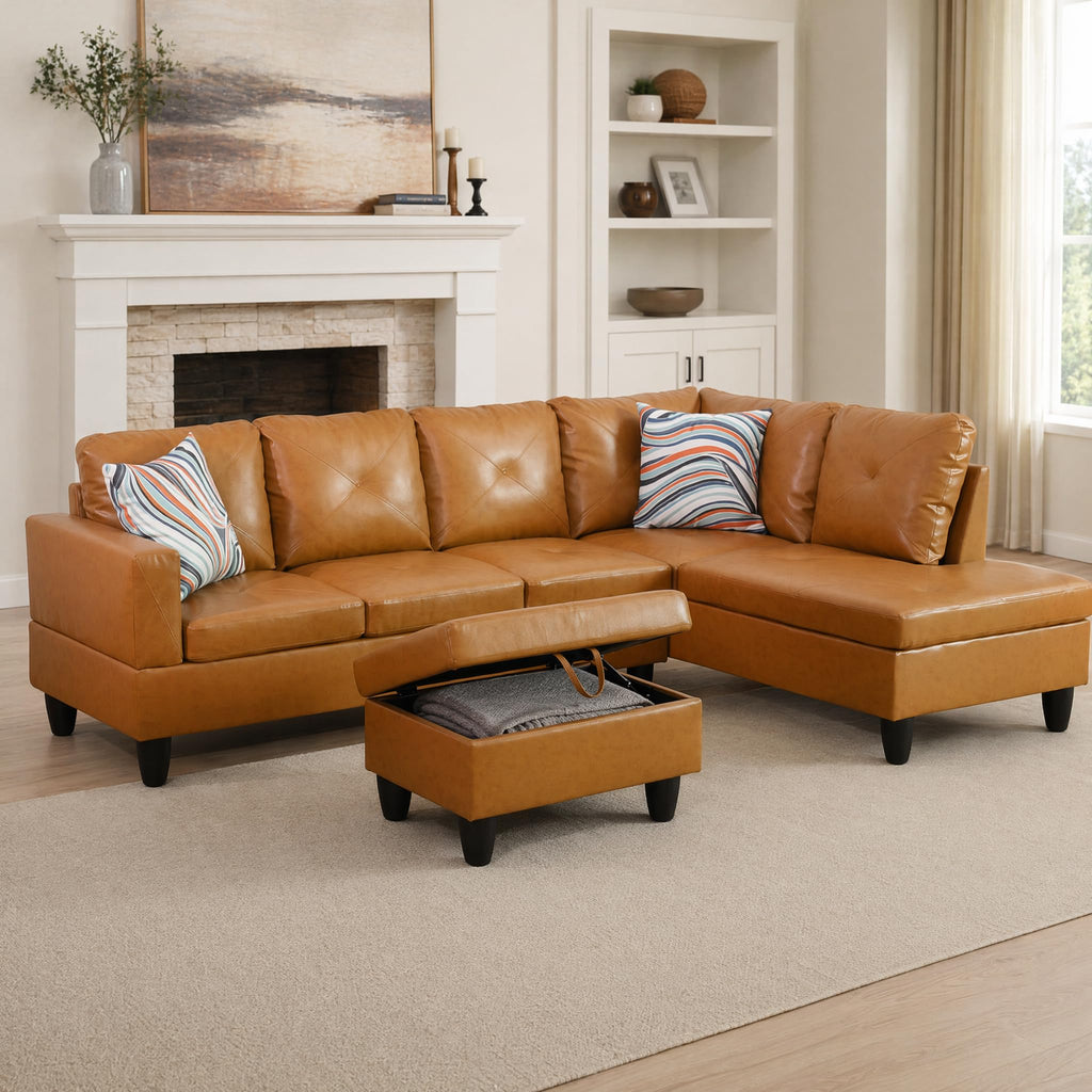 97.5" Leather L Shaped Couch with Left Chaise & Cup Holder, Sectional Sofas Modular Furniture Set with Storage Ottoman, Convertible Couches for Living Room, Office & Small Space (Black)