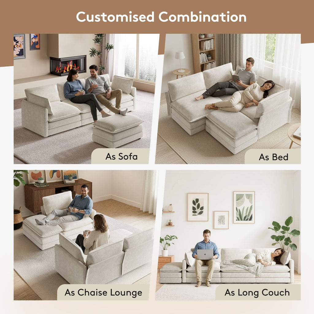 ROWHY 41'' Single Armchair with Ottoman, Modern Corduroy Cloud Couch with Convertible Chaise, Upholstered Sofa Set for Living Room, Green