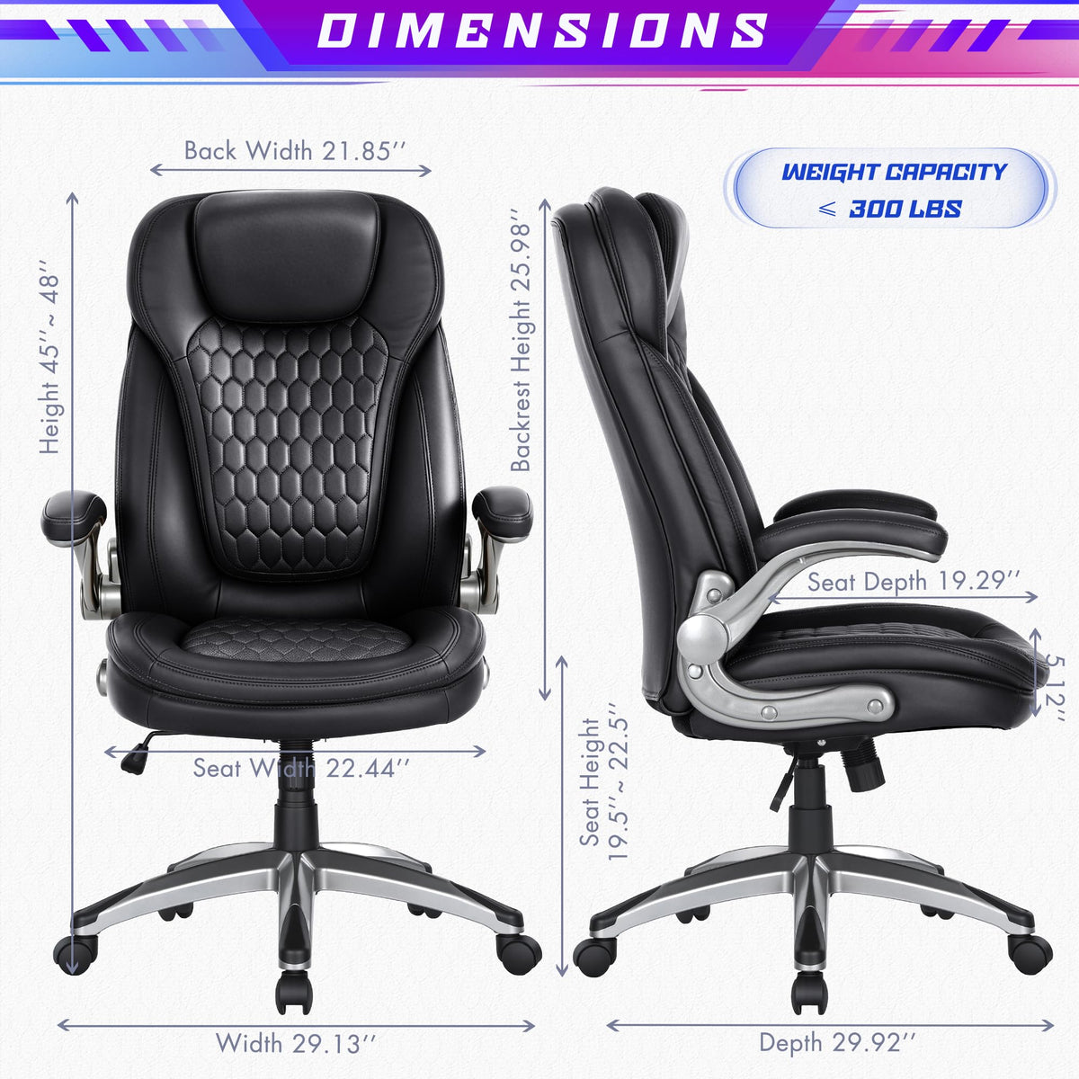 COLAMY High Back Executive Office Chairs, Ergonomic PU Leather Desk Chairs with Flip-Up Armrests, Adjustable Height, Lumbar Support, Comfortable Computer Chairs for Home Office, Set of 2