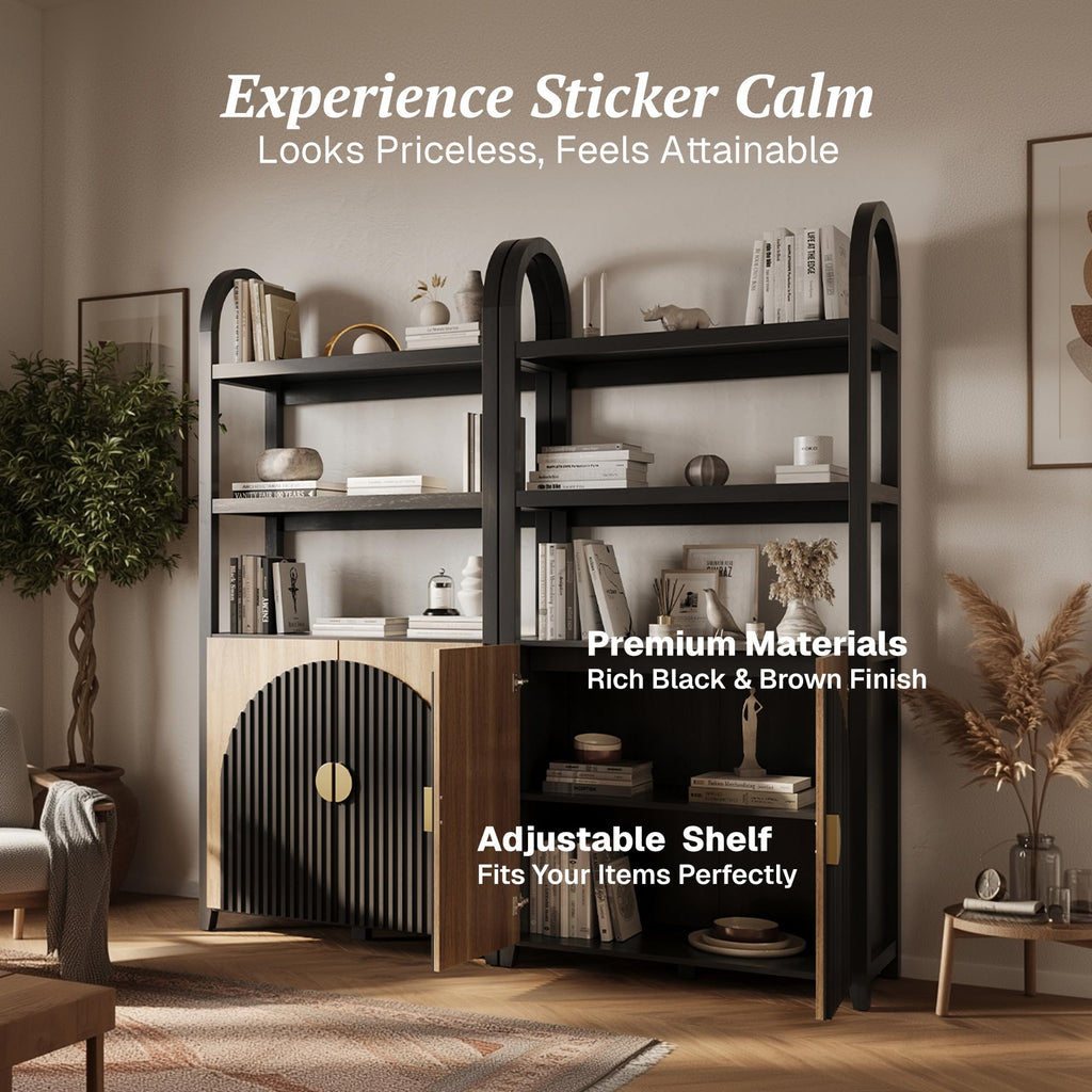 BELLEZE Book Shelf 72" Tall Arched Bookcase with Storage, 5 Tier Mid Century Modern Fluted Bookshelf with Doors, Modular Bookshelves for Living Room Office Library, Set of 2 (Caramel Brown)