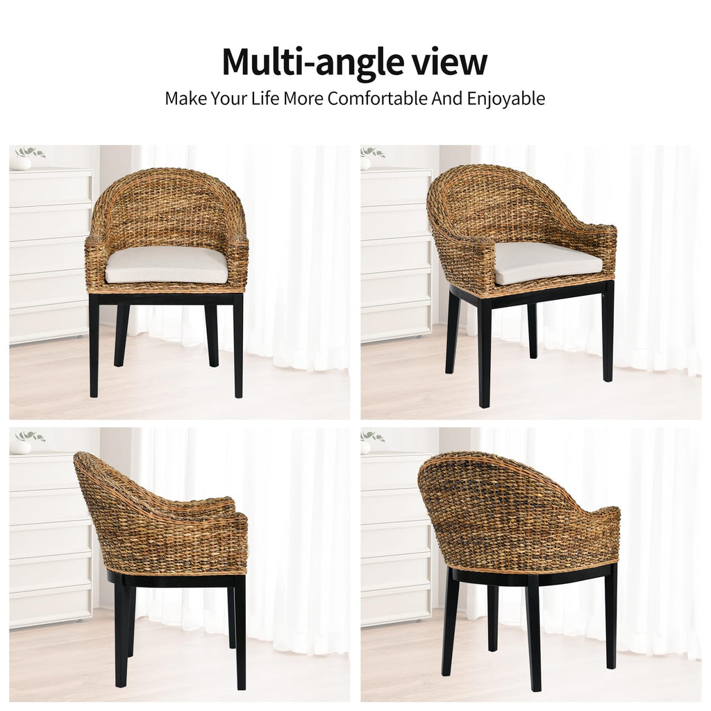 DUHOME 2 Sets Wood Rattan Arm Accent Chairs Natural Wash/White Cushion