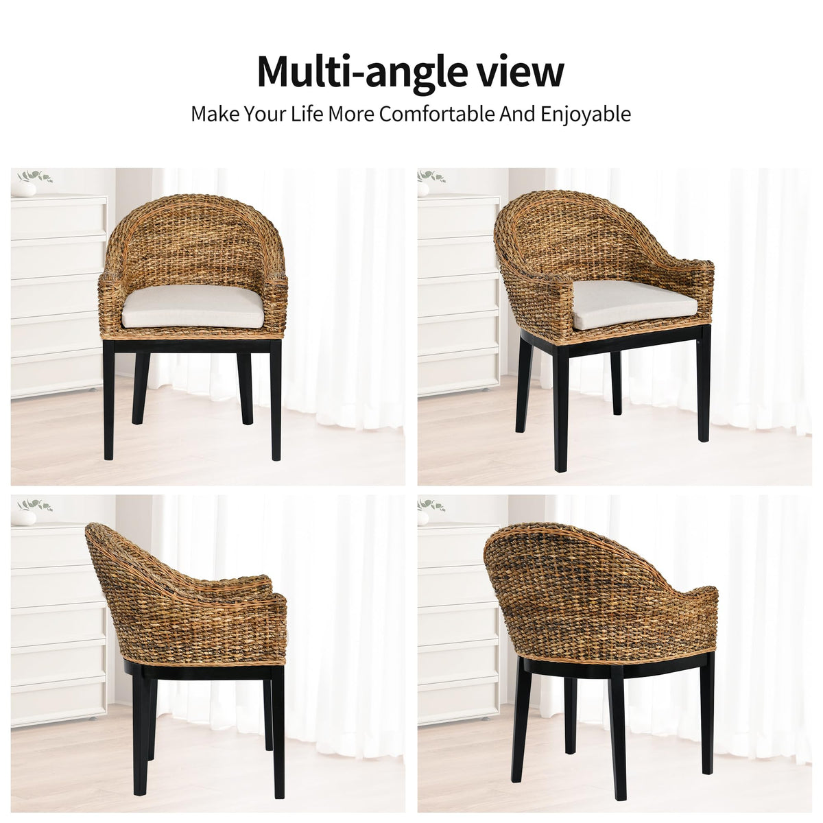 DUHOME 2 Sets Wood Rattan Arm Accent Chairs Natural Wash/White Cushion