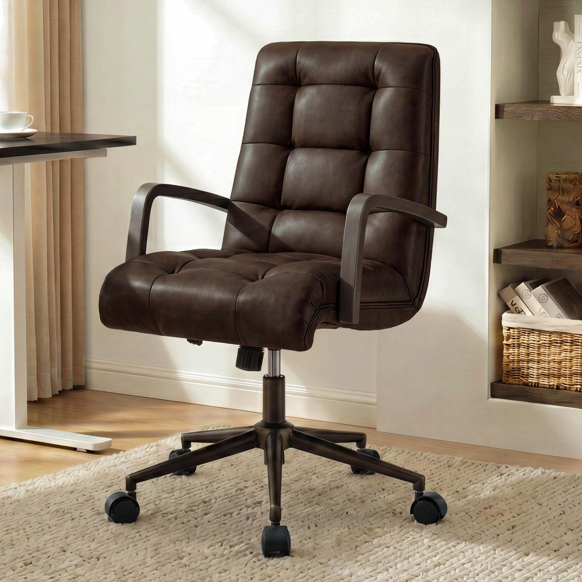 KISLOT Home Office Desk Chair, Ergonomic Office Chair with Lumbar Support, Adjustable Swivel Computer Chair with Wheels, Faux Leather Executive Task Chair with Wood Arms, Set of 2, Brown