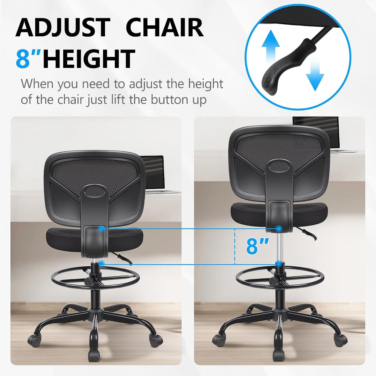 Primy Tall Drafting Desk Chair - Armless, Adjustable Height, Mesh Back, Rolling, Standing Desk Chair for Art Room, Office or Home (Black)