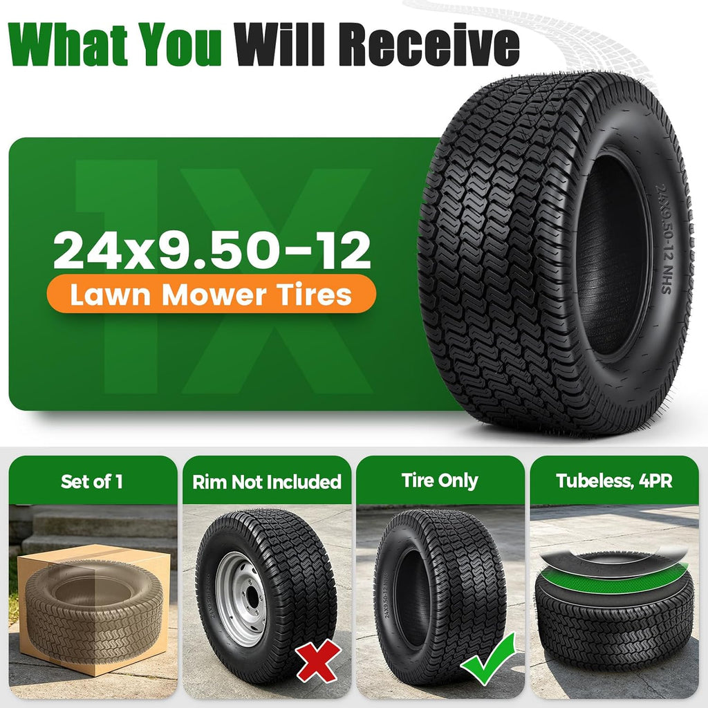TRIPOWER 24x9.50-12 Lawn Mower Tire, 1 Pack Single Replacement Tire, 4PR Tubeless Turf Tire for Riding Mowers and Garden Tractors, Tire Only, Rim Not Included