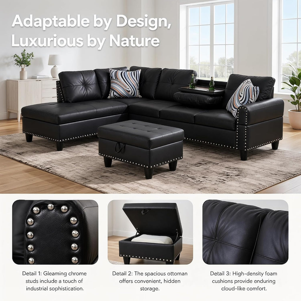 97.5" L-Shaped Modular Sectional Sofa with Movable Chaise & Storage Ottoman, 3 Piece Convertible Leather Couch, 4 Seat Gloss Black Living Room Furniture Set for Apartment Home Office