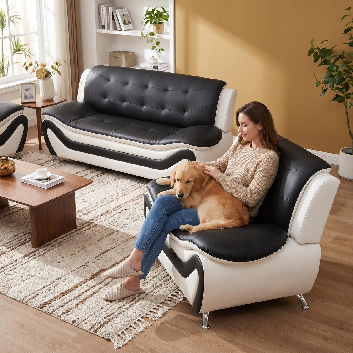 Modern Faux Leather Sofa Set â 3-Piece Living Room Couch with Chrome Legs & Padded Armrests â Includes 1-Seater, 2-Seater & 3-Seater â Contemporary Lounge Furniture for Home & Office (Brown)