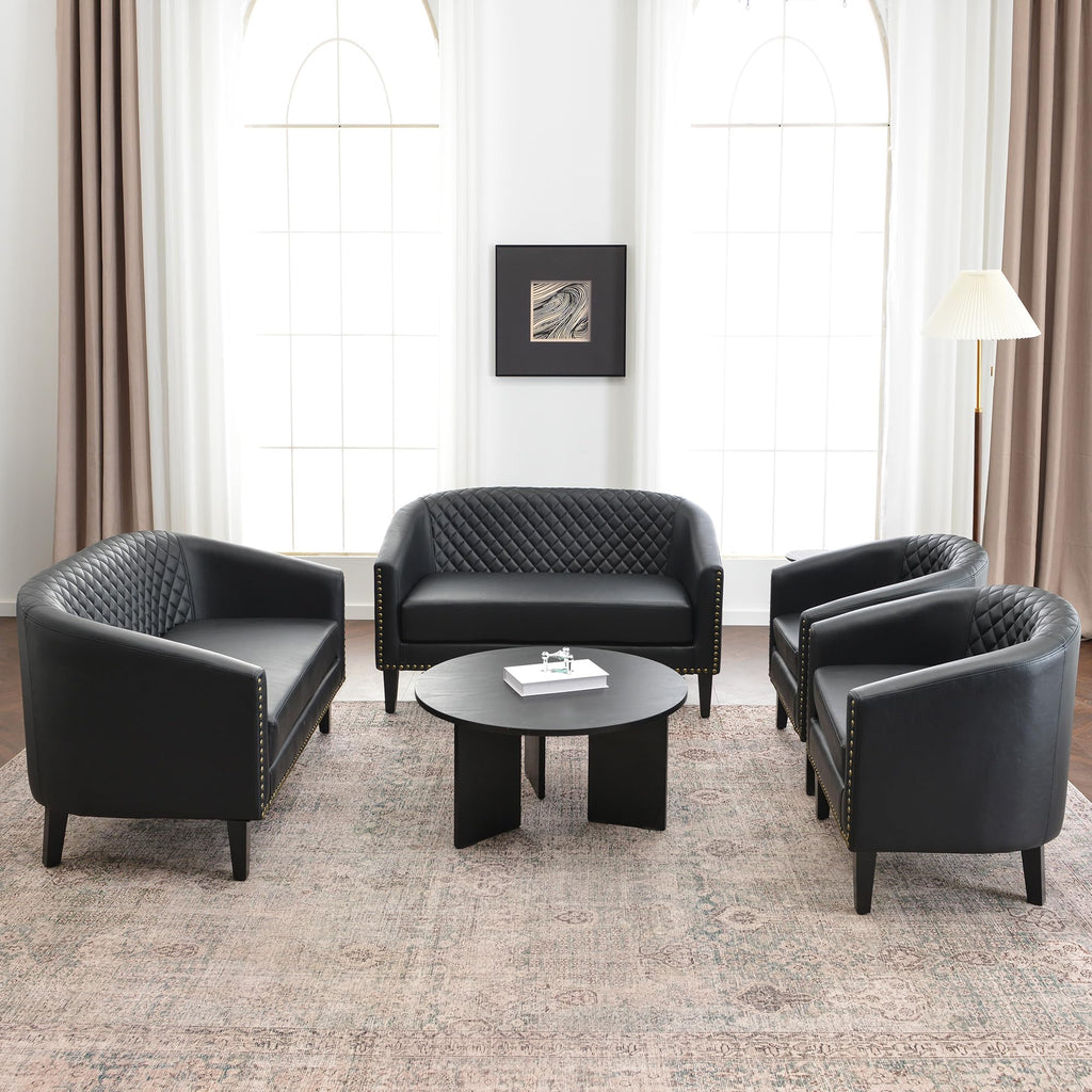 KINWELL 29" W Faux Leather Tufted PU Barrel Club Chairs Set of 2, Black