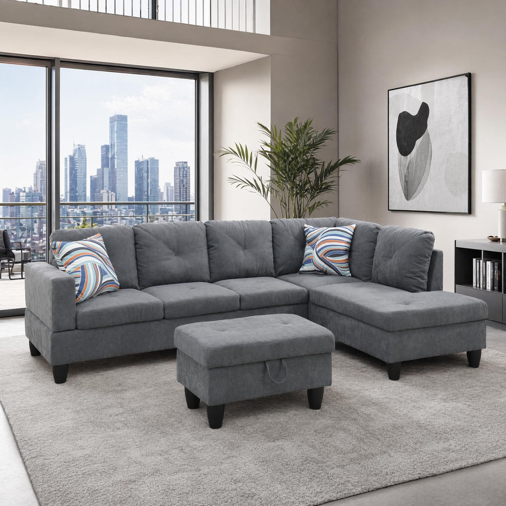 97.5" Leather L Shaped Couch with Left Chaise & Cup Holder, Sectional Sofas Modular Furniture Set with Storage Ottoman, Convertible Couches for Living Room, Office & Small Space (Black)