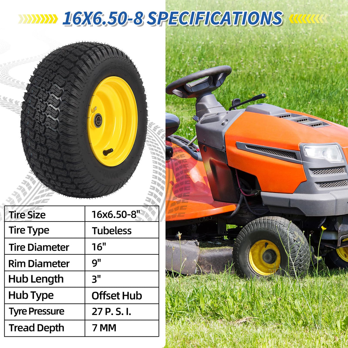 GICOOL 20x10.00-8 Lawn Mower Tire and Wheel, 3/4" Borehole, and 3/16" Keyway, 3.5" Offset Hub, 4 Ply Tubeless Tire, Replacement 20x10-8nhs Riding Lawn Mower and Tractor Rear Tire and Wheel Assemblies
