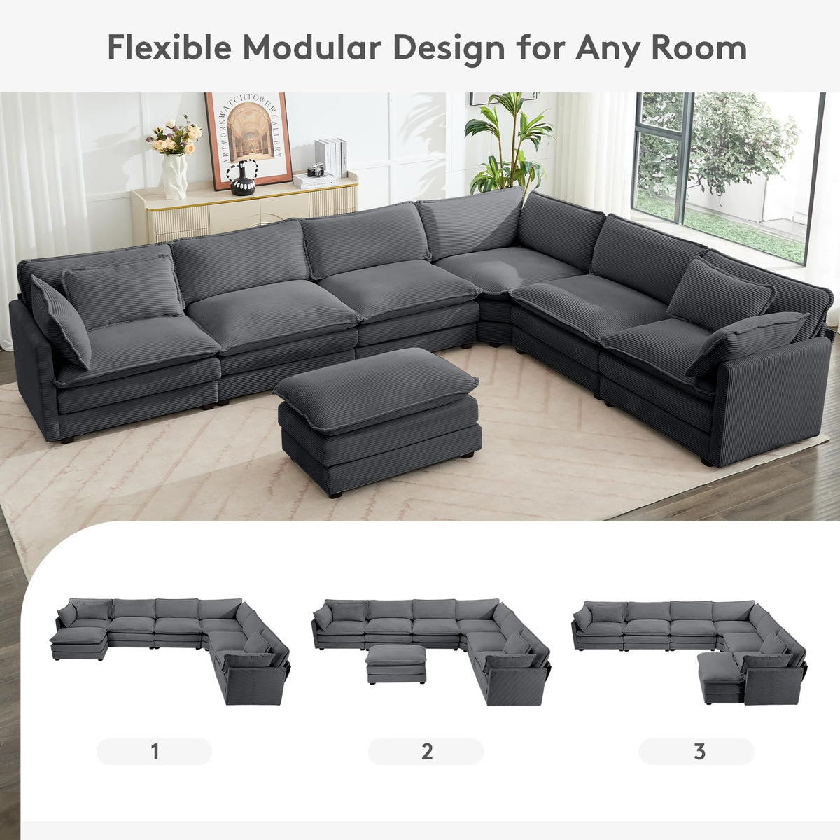 ROWHY 41'' Single Armchair with Ottoman, Modern Corduroy Cloud Couch with Convertible Chaise, Upholstered Sofa Set for Living Room, Green