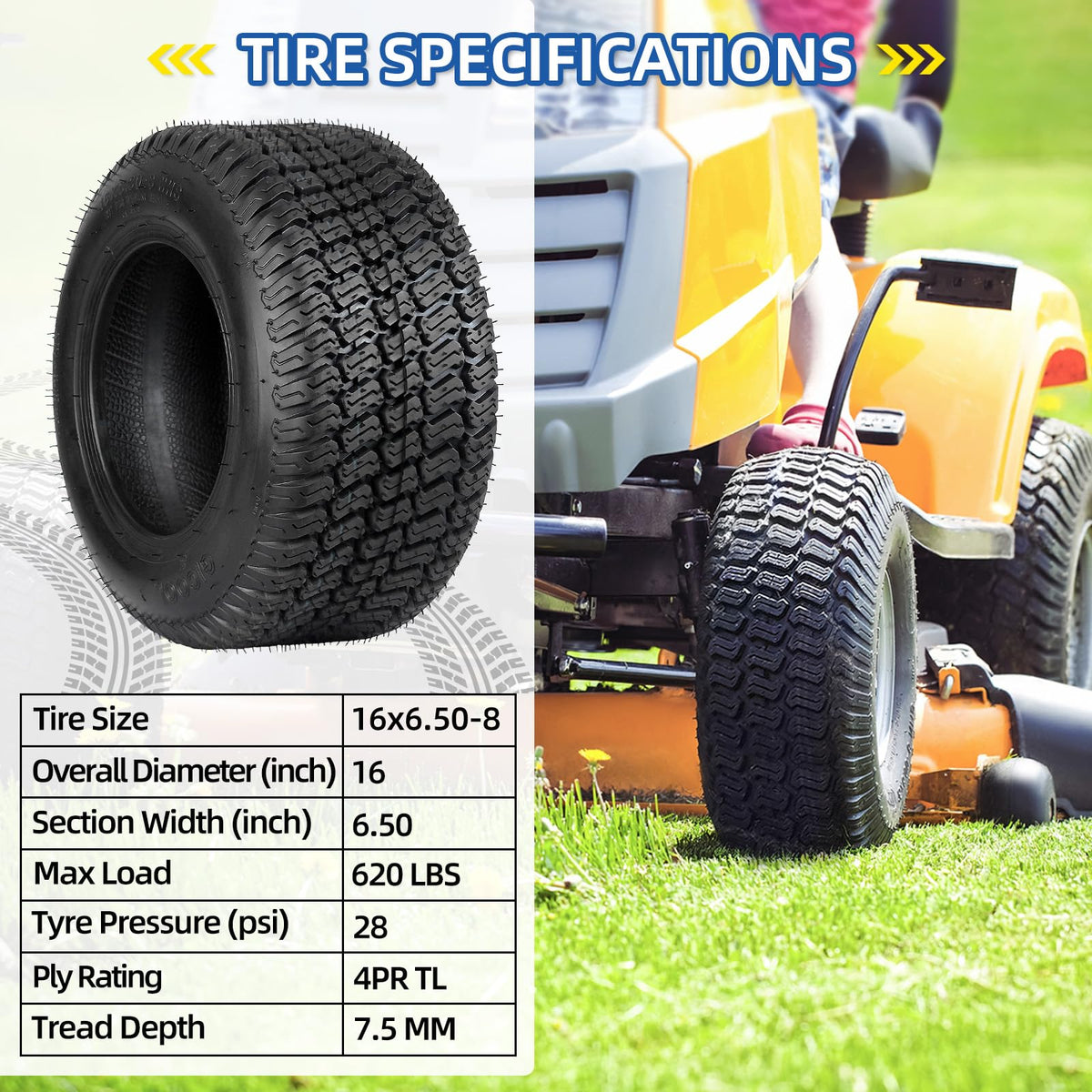 GICOOL 20x12.00-10 Tubeless Lawn Mower Tire for Riding Mower Tractor, 4Ply