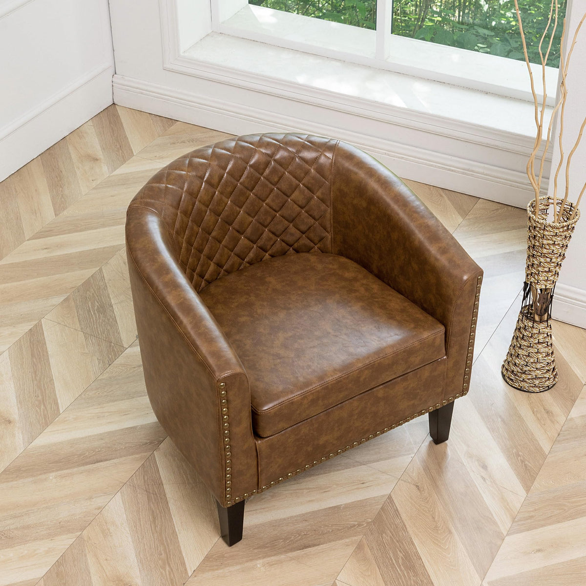 KINWELL 29" W Faux Leather Tufted PU Barrel Club Chairs Set of 2, Black