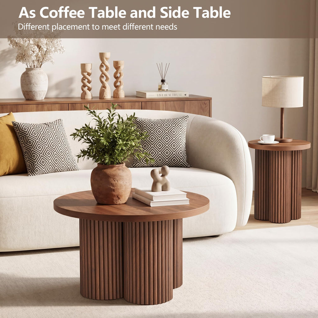 Round Nesting Coffee Table Set of 3 Fluted Coffee Table (Natural)