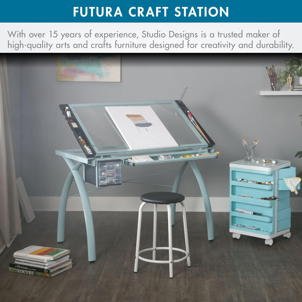 SD Studio Designs 10096 Futura Station with Folding Shelf Top Adjustable Drafting Craft Drawing Hobby Table Writing Studio Desk with Drawer, 35.5'' W x 23.75'' D, White/Clear Glass