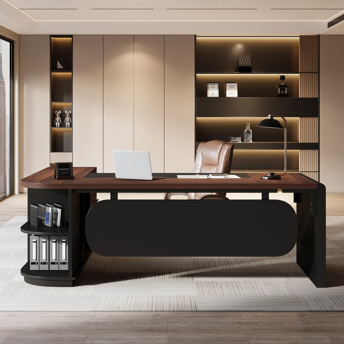 Tribesigns 81-Inch L-Shaped Office Desk, Large Commercial Office Desk with Drawers and File Cabinet, Modern Professional Business Furniture Workstations with Storage Shelves, Brown & Black
